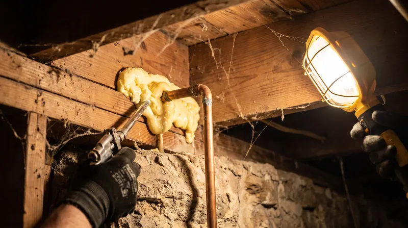 Sealing penetrations in the rim joist and top plates stops the primary pathways for moisture-carrying drafts.