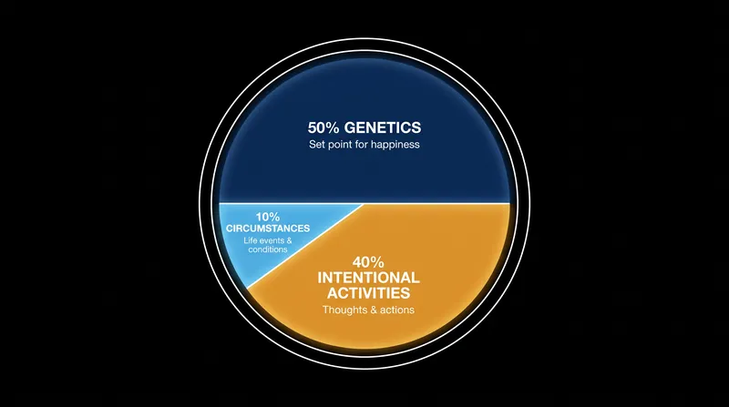While 50% of happiness is genetically determined, a full 40% remains within our control through intentional daily activities.