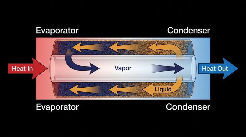 The two-phase cooling cycle: liquid vaporizes at the heat source, travels to the condenser, and is pumped back by the wick.