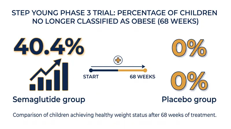 After 68 weeks, over 40% of children receiving semaglutide dropped below the obesity threshold, compared to none in the placebo group.