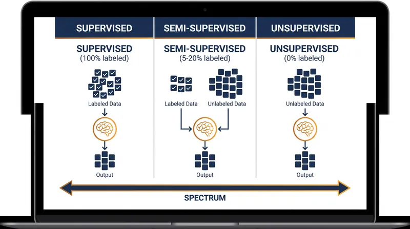 The three core paradigms are defined by the ratio of labeled to unlabeled data.