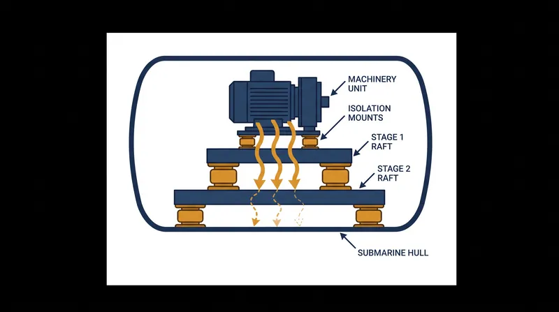 Two-stage isolation mounts decouple internal machinery from the pressure hull, severing the mechanical transmission path for vibrations.