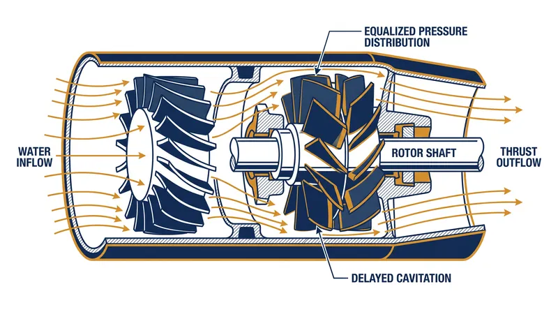 By managing water flow through a ducted shroud, pump-jets equalize blade pressure and raise the speed threshold for cavitation.