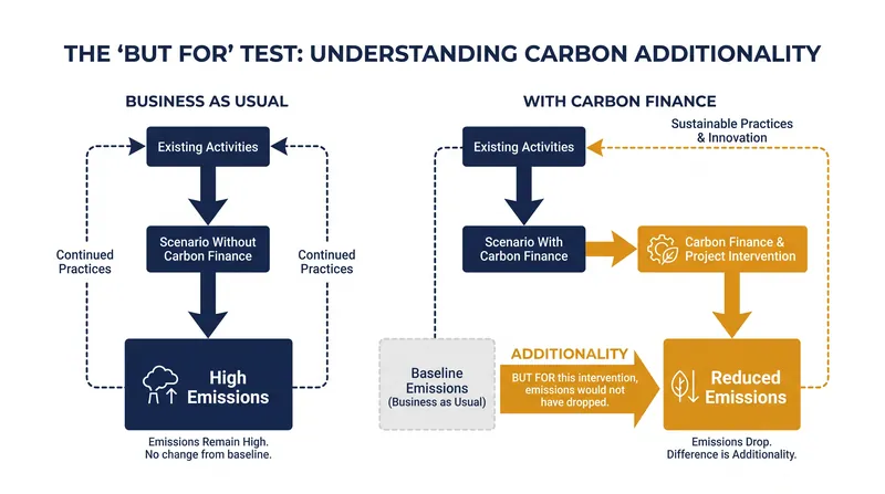 The additionality test compares a project's impact against a theoretical 'business as usual' baseline.
