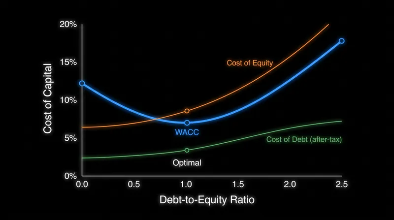 The optimal capital structure minimizes WACC by balancing the tax advantages of debt against the rising risk of insolvency.