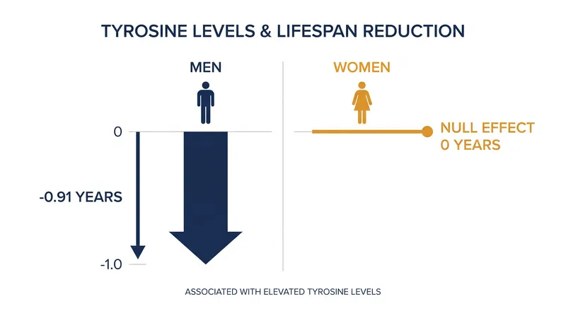 Mendelian randomization estimates show a nearly one-year reduction in male lifespan associated with higher tyrosine levels.
