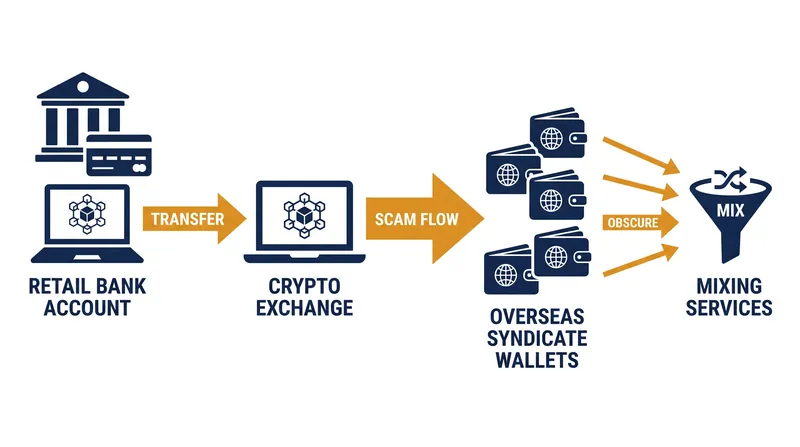 How organized syndicates move capital from traditional bank accounts through the blockchain ecosystem.