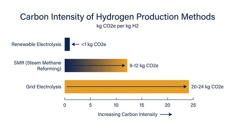 Lifecycle carbon emissions per kilogram of hydrogen produced across different pathways.