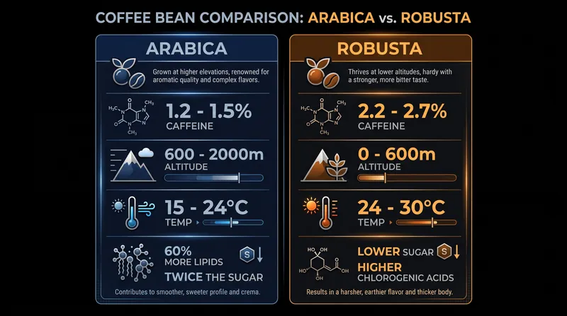 The biological and chemical differences between Arabica and Robusta dictate their growing conditions and flavor profiles.