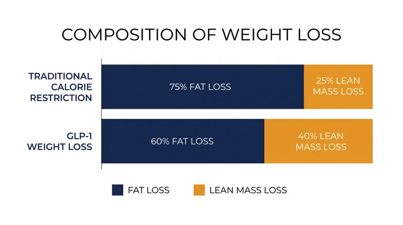 Patients on GLP-1 medications often lose a higher percentage of lean mass compared to traditional calorie restriction.