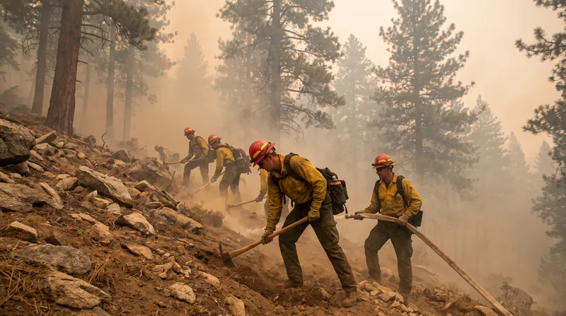 Over 150 firefighters are navigating steep terrain to establish manual containment lines.