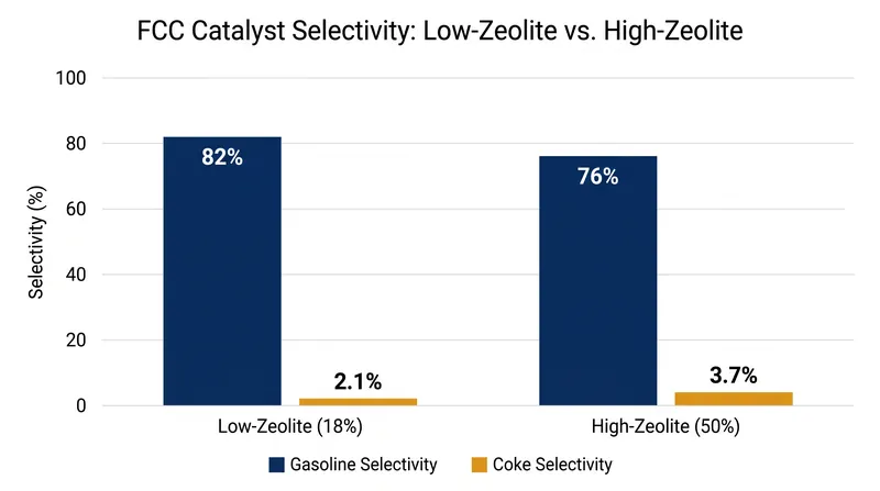 Higher zeolite concentrations increase initial acidity but ultimately reduce gasoline selectivity due to overcracking.
