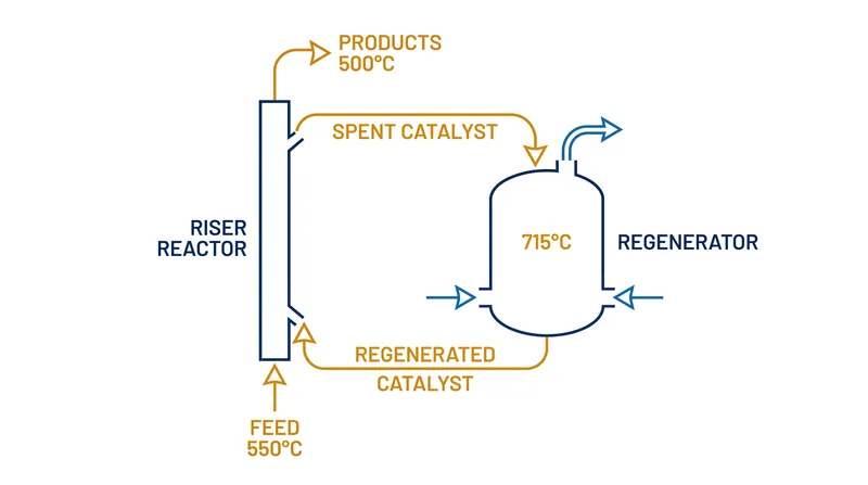 The endothermic cracking reaction naturally cools the mixture from 550°C to 500°C as it travels up the riser.