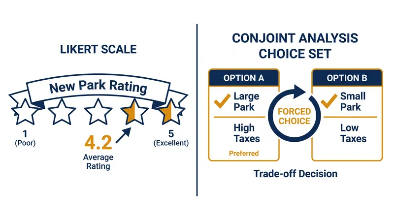 Unlike standard rating scales, conjoint analysis measures the cost of implementation by forcing respondents to choose between competing scenarios.