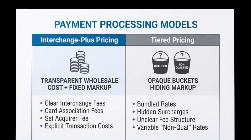 Interchange-plus pricing separates wholesale costs from processor markups, offering merchants greater transparency than bundled tiered models.