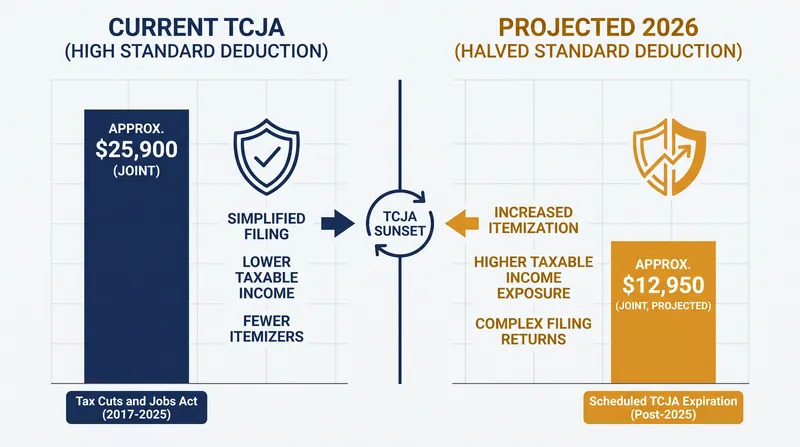 The standard deduction is projected to drop by roughly half in 2026, significantly lowering the barrier to itemize.