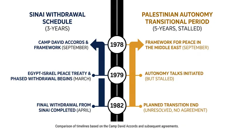 The divergent timelines established by the two Camp David frameworks.