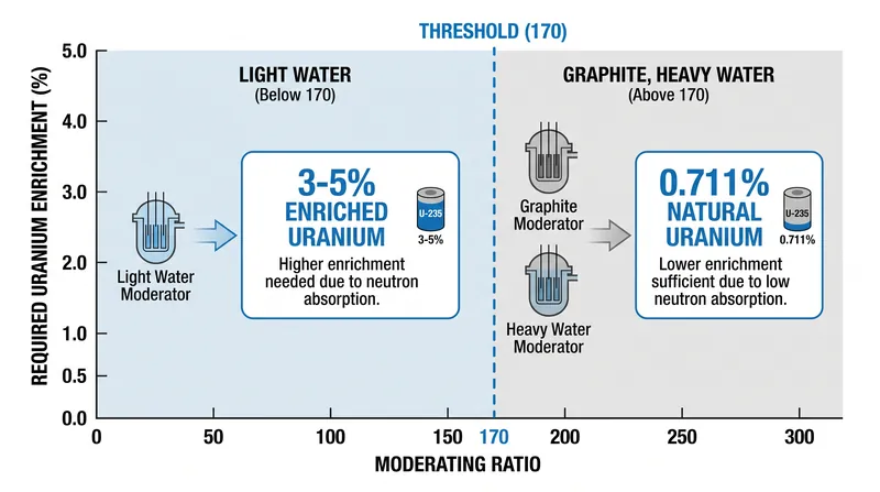 A moderating ratio above 170 is mathematically required to operate a reactor using unenriched natural uranium.