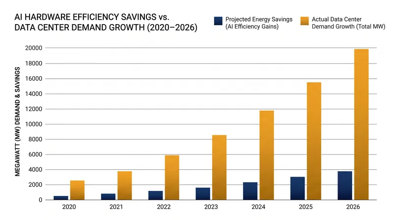 Despite massive leaps in flops-per-watt efficiency, AI data centers are driving absolute power demand higher.