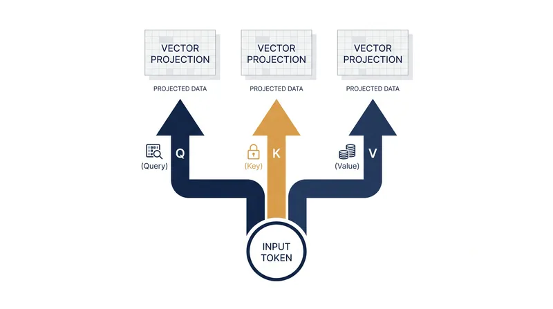 Each input token is projected into three distinct vectors to compute attention scores.