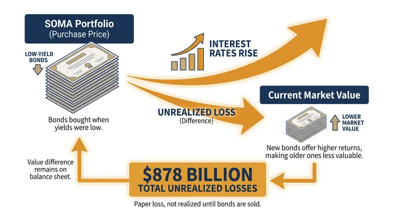 Rising interest rates have severely depressed the market value of the Fed's older bond holdings.