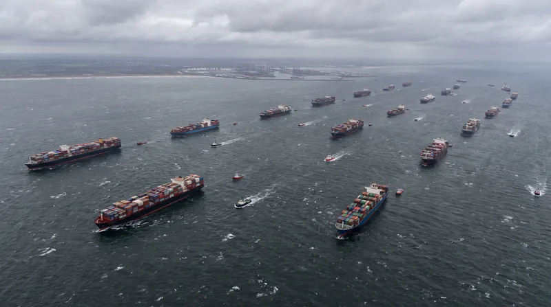 Inbound vessels are forced to drop anchor and wait as port operations remain suspended.