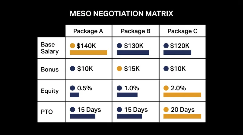 A standard MESO matrix balances lower base salaries with higher variable compensation or benefits.