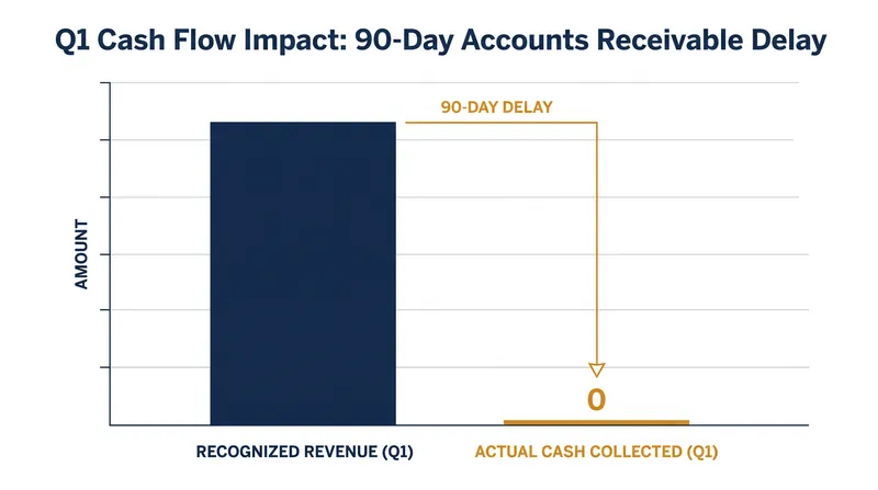Working capital timing differences can create severe cash shortages even when recognized revenue is high.