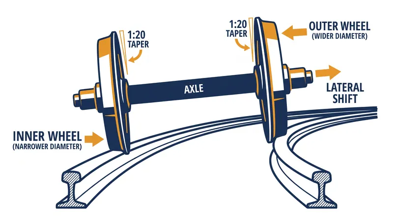 As centrifugal force pushes the wheelset outward, the effective rolling radius of the outer wheel increases.