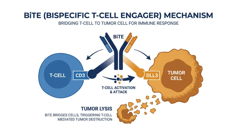 Mechanism of a bispecific T-cell engager bridging an immune cell to a tumor cell.