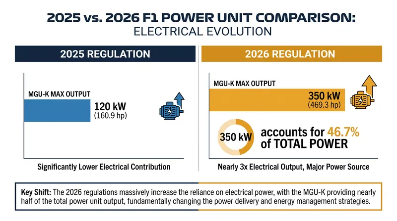 The 2026 power unit relies heavily on the MGU-K, which now delivers nearly half of the car's total horsepower.