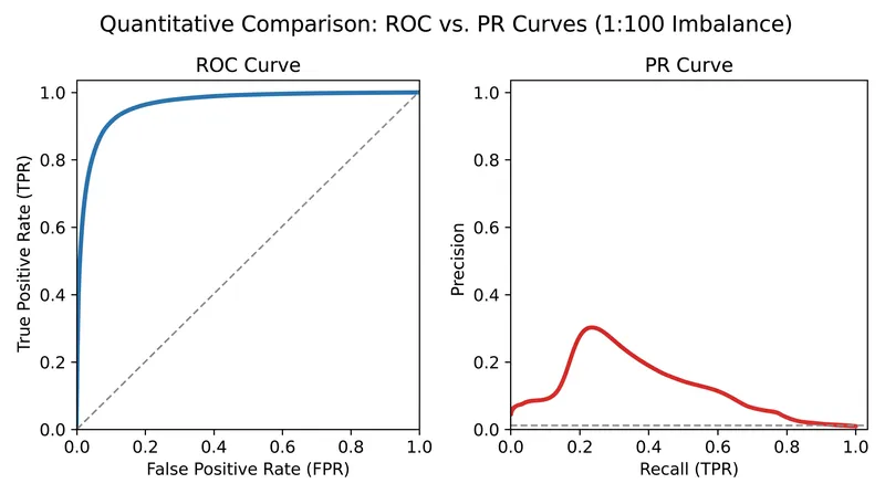 On highly imbalanced data, the exact same model predictions can produce a nearly perfect ROC curve and a failing PR curve.
