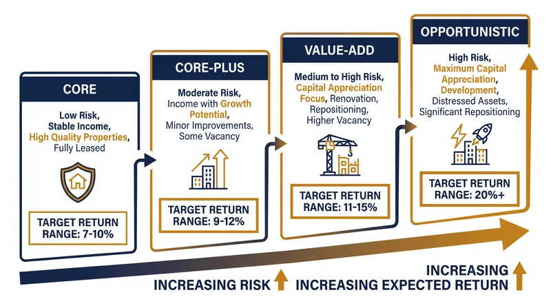 As investors move from Core to Opportunistic strategies, both the execution risk and the target annualized returns increase.