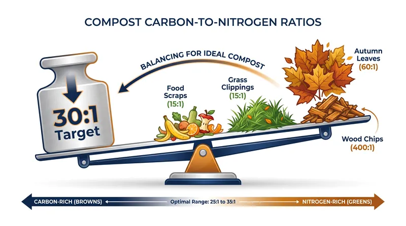 Balancing high-carbon 'browns' with high-nitrogen 'greens' achieves the 30:1 chemical target.