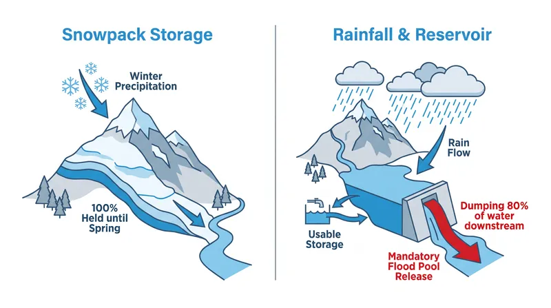 Because reservoirs must maintain empty space for flood control, they cannot store the full volume of winter rainfall.