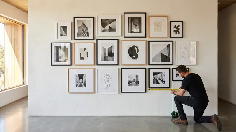 A gallery wall should be treated as a single massive piece of art, with its collective center hitting the 60-inch mark.