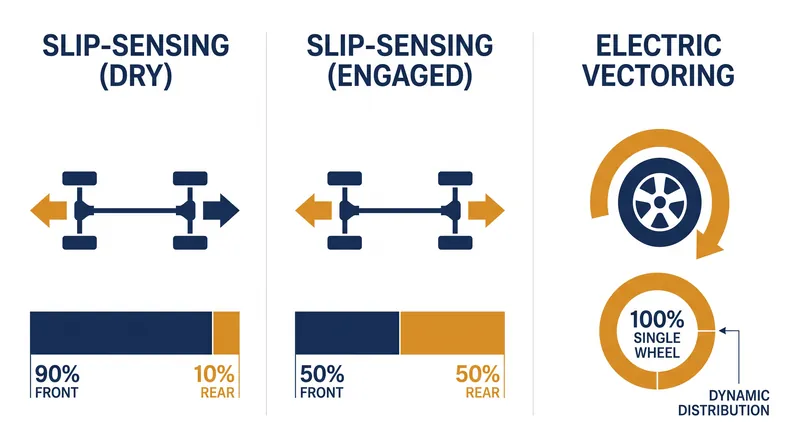 How different all-wheel-drive architectures distribute available engine torque.