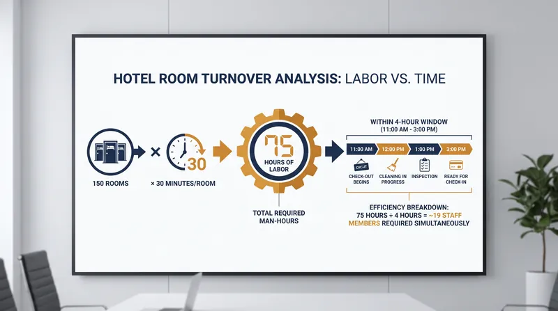 Turning over 150 rooms at 30 minutes each requires 75 hours of continuous labor, compressed into a 240-minute window.