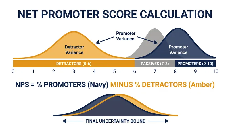 Corporate metrics like Net Promoter Score suffer from the same expanded variance because they rely on the difference between two proportions.