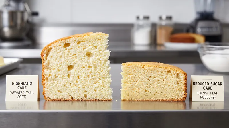 Removing sugar without replacing its water-binding properties results in a dense, rubbery texture.