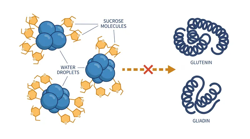 Sucrose acts as a microscopic sponge, preventing water from activating gluten.