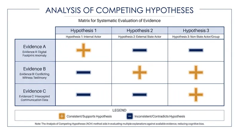 A standard ACH matrix plots evidence on the vertical axis and hypotheses on the horizontal axis, scoring each intersection for consistency.