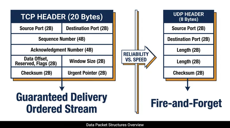 TCP's mandatory 20-byte header carries significant overhead compared to UDP's lightweight 8-byte structure.