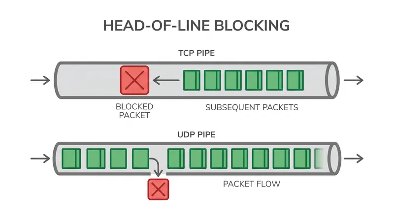 Head-of-line blocking occurs when a single dropped TCP packet halts the entire data stream until it is retransmitted.