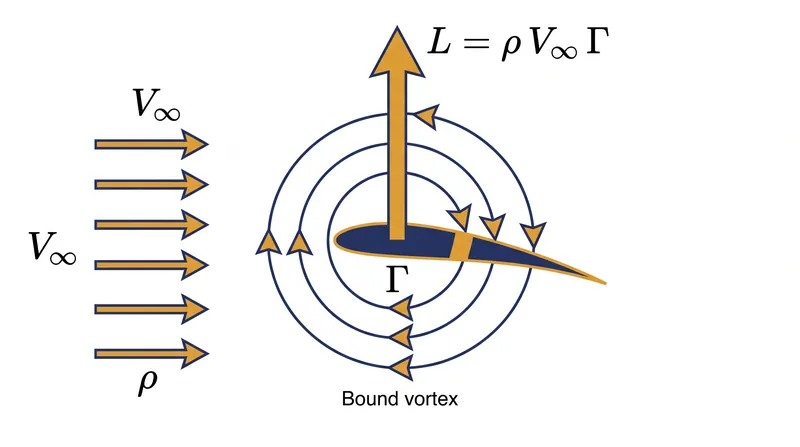 The Kutta-Joukowski theorem links the lift generated by a wing directly to the density of the air, its velocity, and the circulation of the bound vortex.