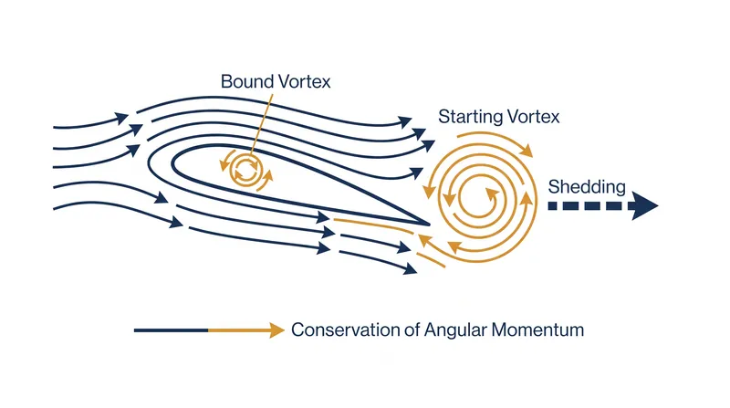 To satisfy Kelvin's circulation theorem, a wing must shed a starting vortex in order to establish the bound vortex that generates lift.