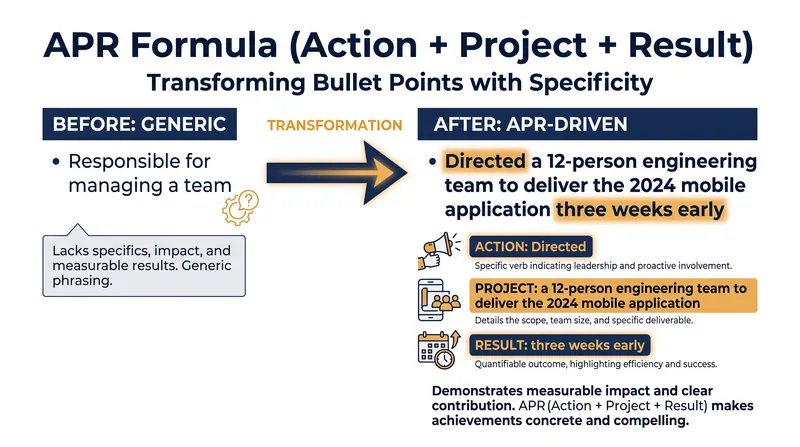 The APR framework forces candidates to replace passive duties with quantified business outcomes.