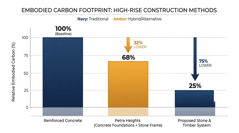 While Petra Heights achieves a 32 percent reduction in embodied carbon, future iterations using timber floors could reach 75 percent.