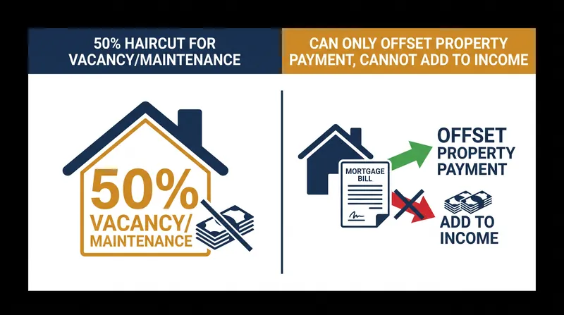 Short-term rental income is subject to a strict 50 percent haircut and can only be used to neutralize the property's own carrying costs.