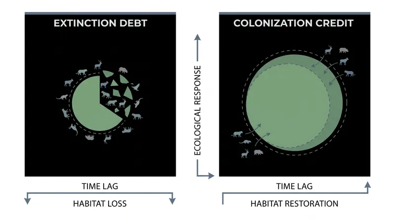Both habitat destruction and habitat restoration operate on delayed ecological schedules.